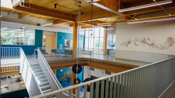 Open modern atrium with wooden ceiling, metal railings, staircases, skylights, and wall mural.