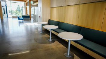 Empty modern lobby with long dark bench, round white tables, wood paneling and large windows.