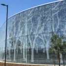 Curved glass façade etched with white tree silhouettes, young trees and street lamps