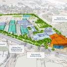 Graphic aerial rendering of UC Davis campus redevelopment with green roofs and orange hall